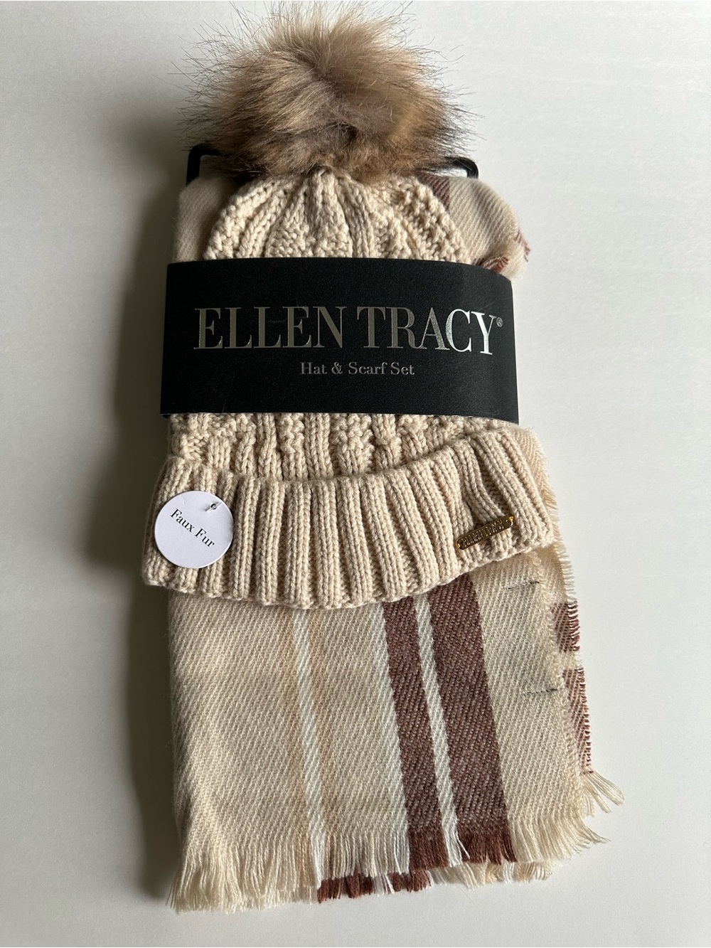 Ellen Tracy Cream Knit Hat and Plaid Scarf Set with Faux Fur Pom